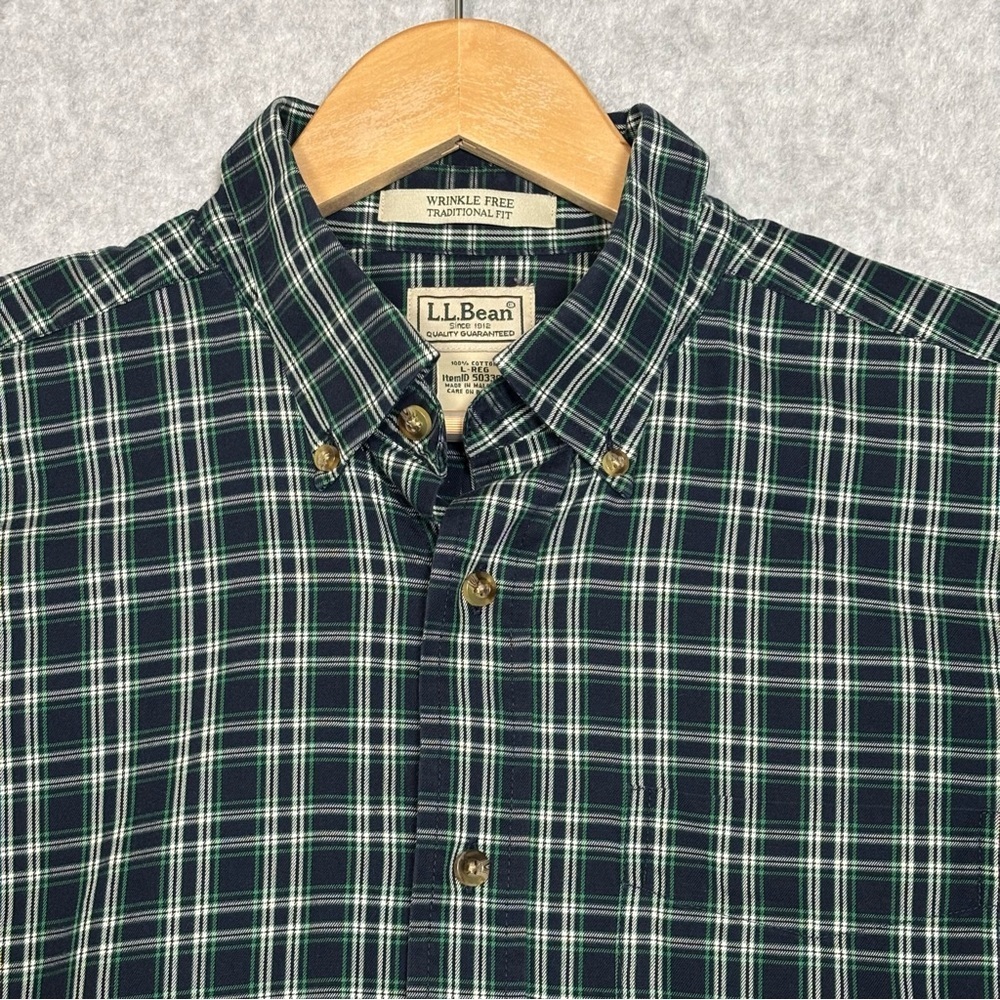 L.L. Bean Wrinkle-Free Long Sleeve Button Down Plaid Shirt-Navy/Green-Men Large